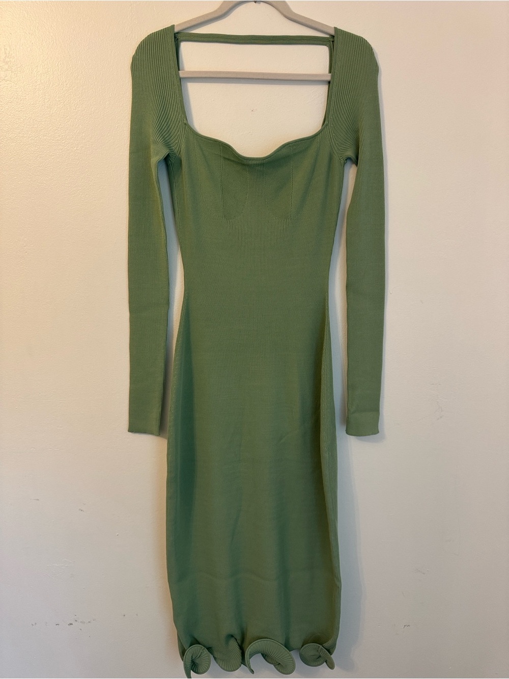 Long-Sleeve Sage Green Ribbed Knit Midi Dress